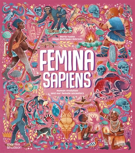 Book cover titled Femina Sapiens featuring colorful illustrations of human evolution and female ancestors.