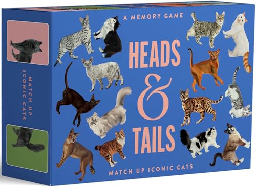 Blue box for "Heads & Tails" cat memory game with various breeds.