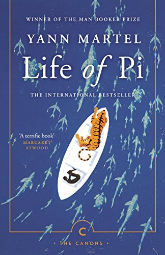 Book cover: tiger in a boat surrounded by sharks on blue background.