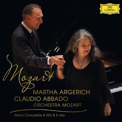 Claudio Abbado and Martha Argerich at pianos, album cover for Mozart concertos.