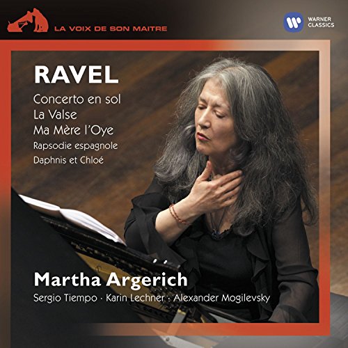 Martha Argerich playing piano, with Ravel's compositions listed, on a CD cover.