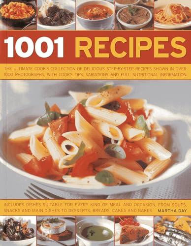 Cookbook cover featuring pasta and other dishes, titled “1001 Recipes”.