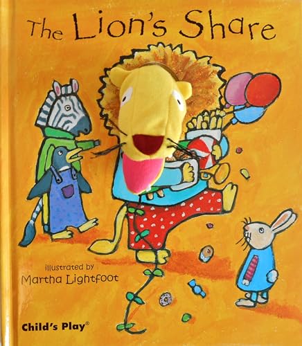 Book cover: lion, zebra, penguin, and rabbit with scattered sweets.