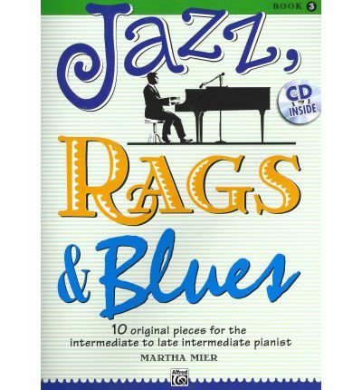 Sheet music cover for "Jazz, Rags & Blues 3" with a pianist illustration.