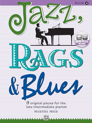 Sheet music cover for “Jazz, Rags & Blues 4” with a pianist.