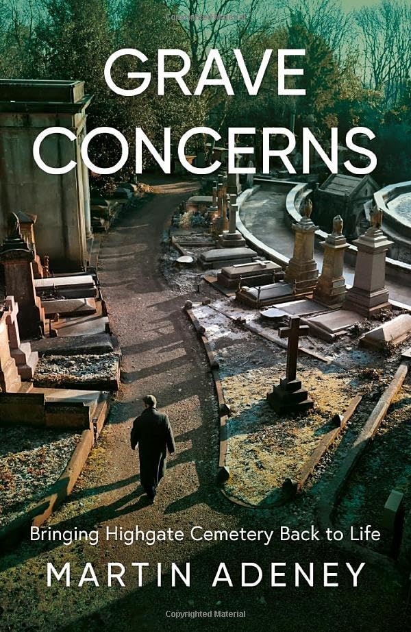 Book cover: "Grave Concerns" depicts a cemetery with a figure walking away.