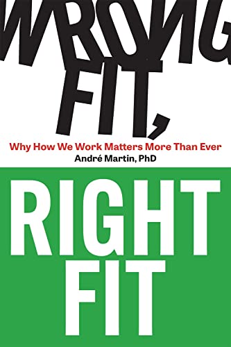 Book cover with bold text: "Wrong Fit, Right Fit" in contrasting colors.