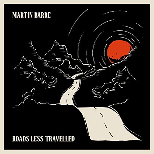 "Album cover art: winding road, mountains, red moon, black background, 'Martin Barre' and 'Roads Less Travelled'."