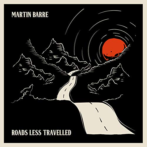"Album cover art: winding road, mountains, and red moon on a black background."