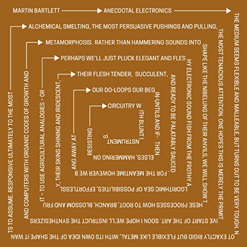 Vinyl record cover with abstract, branching text in orange and black.
