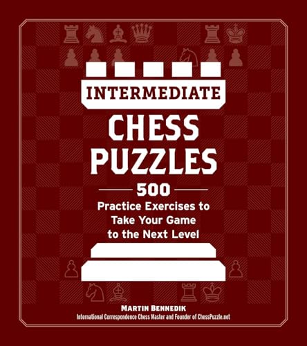 Book cover: “Intermediate Chess Puzzles” with chess pieces on a checkered background.