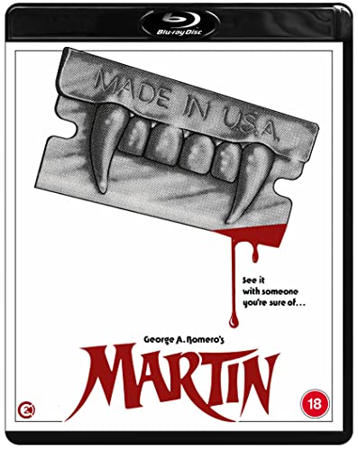 Black and white fangs with blood, on blu-ray case for horror film Martin.