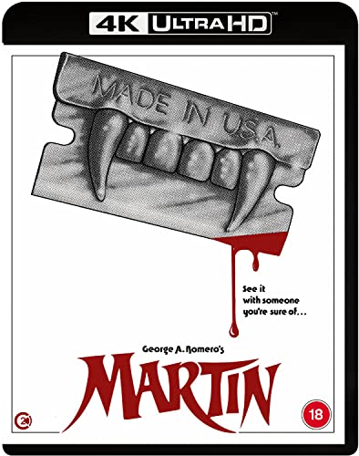 4K Ultra HD Blu-ray cover for Martin featuring vampire fangs on a razor blade.