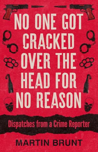 Book cover with guns, handcuffs, and a skull on a red background.