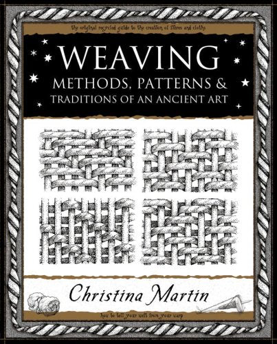 Book cover titled Weaving with four illustrations of different weaving patterns and a rope border.