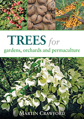 Book cover featuring fruit, nuts, blossoms, and the title "Trees for gardens...