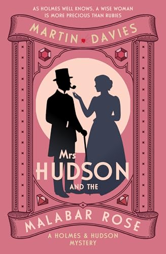 Book cover featuring silhouettes of a man and woman, titled “Mrs Hudson and the Malabar Rose.”
