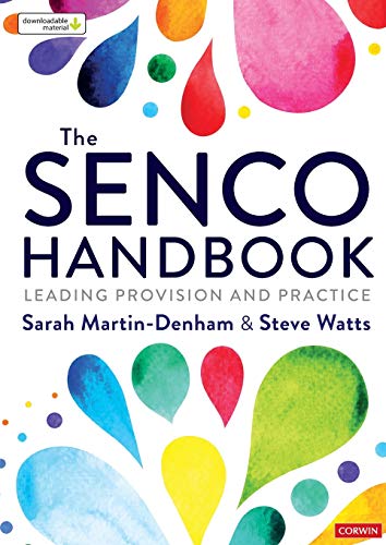 Book cover: "The SENCO Handbook" with colorful watercolor droplet design.