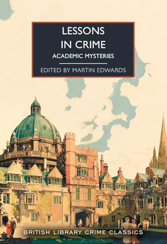 Book cover: "Lessons in Crime" with a university building illustration.