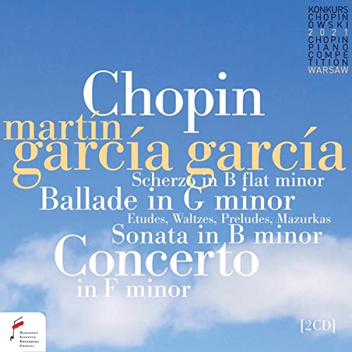 CD cover for Martin Garcia Garcia’s Chopin piano works against a blue sky.