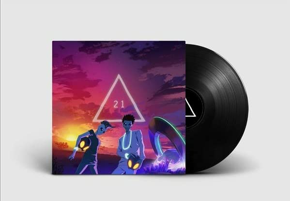 Vinyl record with album art featuring two figures and a triangle.