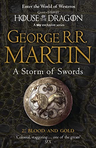 Book cover: “A Storm of Swords, Part 2” with a golden emblem.