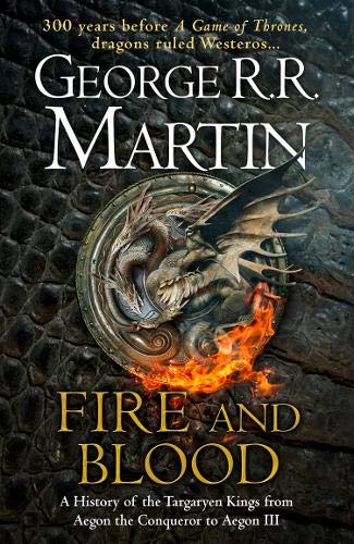 Book cover: “Fire and Blood” with a dragon crest and fiery details.