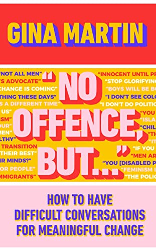Book cover: “No Offence, But…” by Gina Martin, red and purple design.