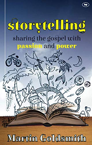 Book cover with sketched illustrations, open book, and title "Storytelling.