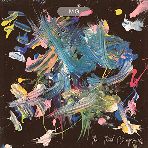 Abstract painting with colorful brushstrokes on a black background, featuring MG and album title.
