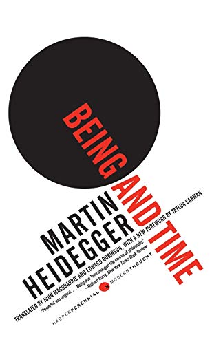 Book cover: "Being and Time" by Martin Heidegger, black and red text.