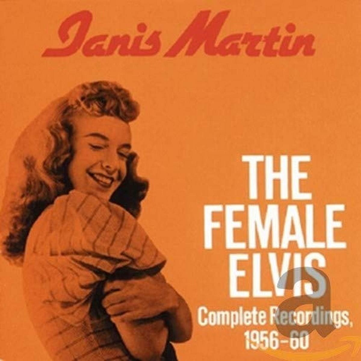 Janis Martin album cover, orange background, smiling woman in striped shirt.
