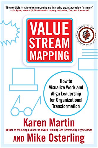 Book cover with red "VALUE STREAM MAPPING" title and blue abstract design.