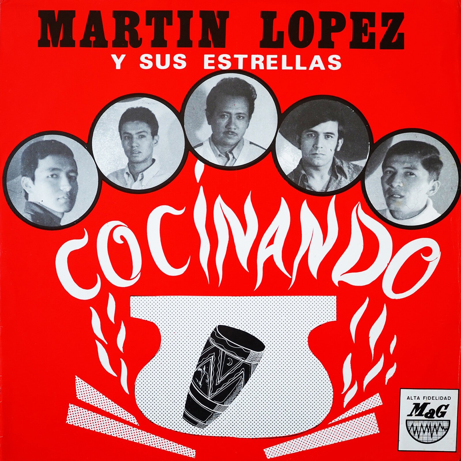 Red album cover featuring portraits of musicians and a conga drum.