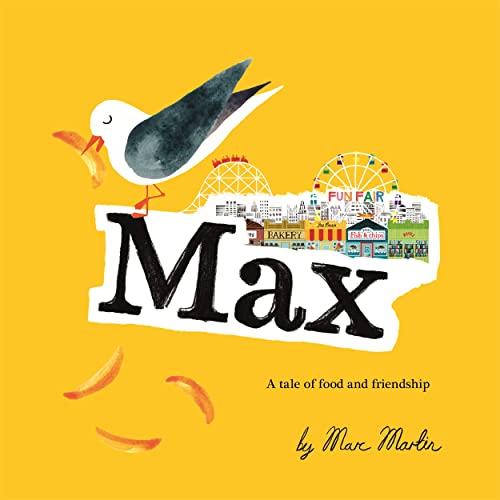 Book cover: seagull, text "Max", and seaside funfair illustration on yellow.