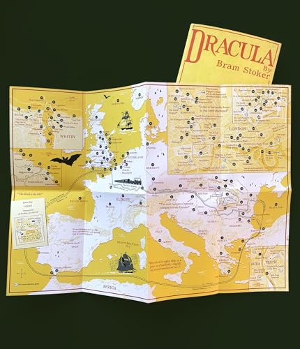 Folded map of Europe with Dracula’s journey marked by pins and ships.