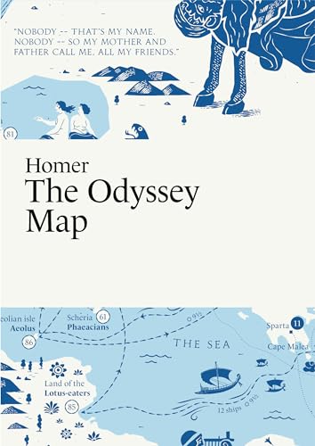 Blue and white illustrated map of Homer’s Odyssey with text.