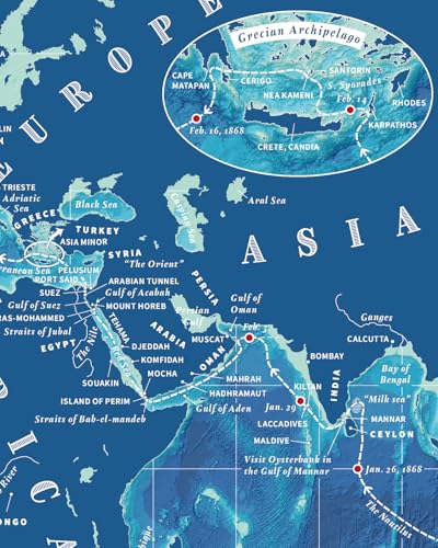 Detailed map of the eastern Mediterranean and Indian Ocean, showing the Nautilus’ route.