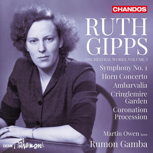 CD cover featuring a portrait of Ruth Gipps with text listing orchestral works.