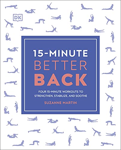 Book cover with stick figures demonstrating stretches, titled "15-Minute Better Back".