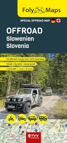 FolyMaps Slovenia off-road map with a 4x4 vehicle and track details.