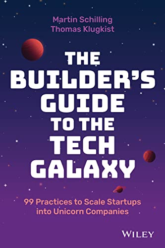 Book cover: "The Builder’s Guide to the Tech Galaxy" with planets.