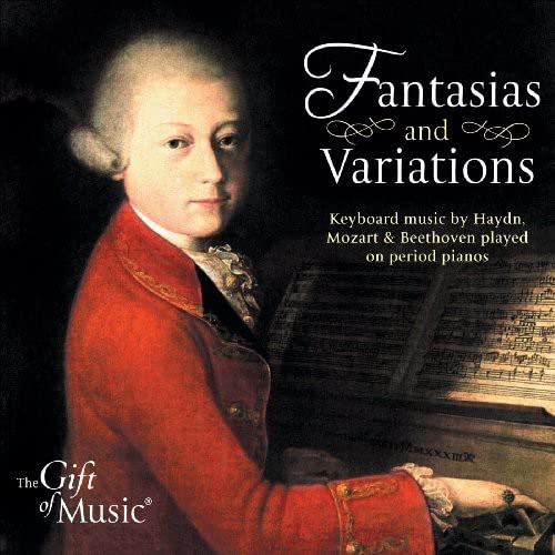 CD cover featuring a portrait of Mozart and a pianoforte.