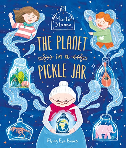Book cover: children, jars containing miniature worlds, and an elderly woman.