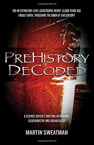 Book cover: "Prehistory Decoded" with ancient carvings and red tones.