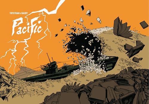 Illustration of a submarine emerging from a breaking wave, orange background.