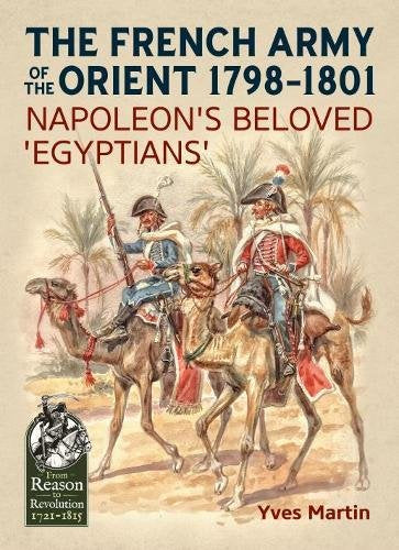 Book cover featuring two French soldiers in period uniforms riding camels among palm trees.