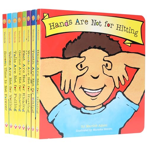 Eight colorful children's board books from The Best Behavior series standing in a row.
