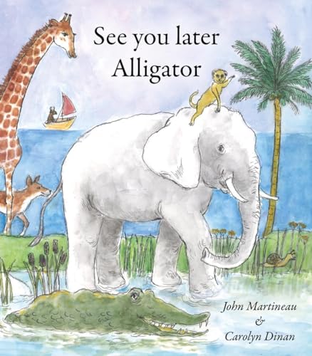 Children’s book cover with giraffe, elephant, alligator, and other animals.