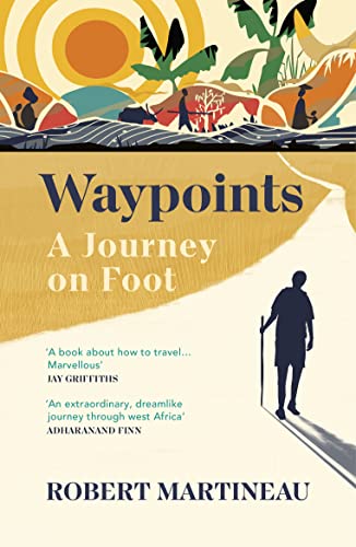 Book cover: "Waypoints" with a silhouetted figure walking towards the horizon.